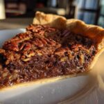 Close-up of a decadent slice of chocolate pecan pie showing the gooey filling and pecan topping on a white plate.