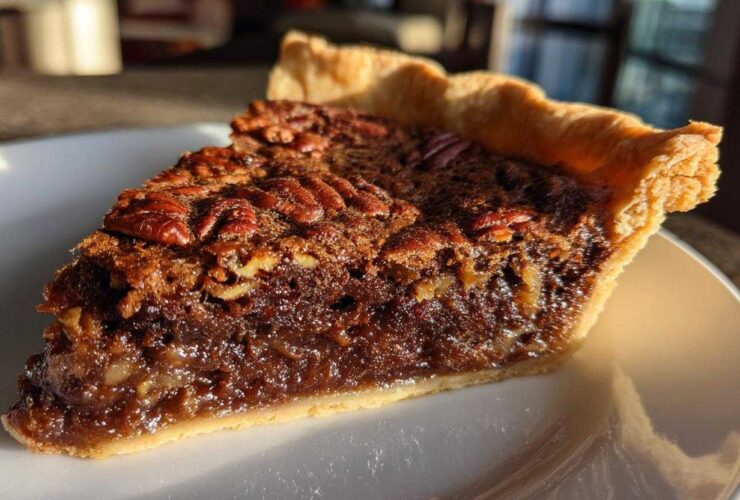 Close-up of a decadent slice of chocolate pecan pie showing the gooey filling and pecan topping on a white plate.