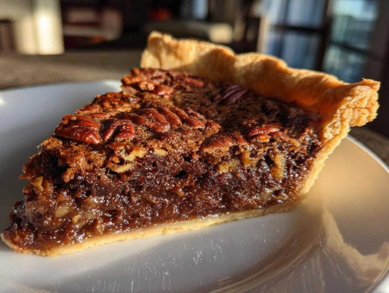 Close-up of a decadent slice of chocolate pecan pie showing the gooey filling and pecan topping on a white plate.
