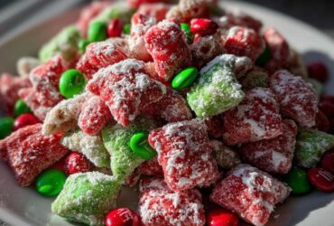 Close-up of vibrant red and green Christmas puppy chow coated in powdered sugar, mixed with red and green candies.