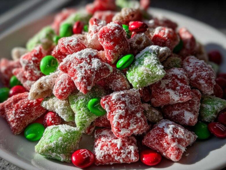 Close-up of vibrant red and green Christmas puppy chow coated in powdered sugar, mixed with red and green candies.