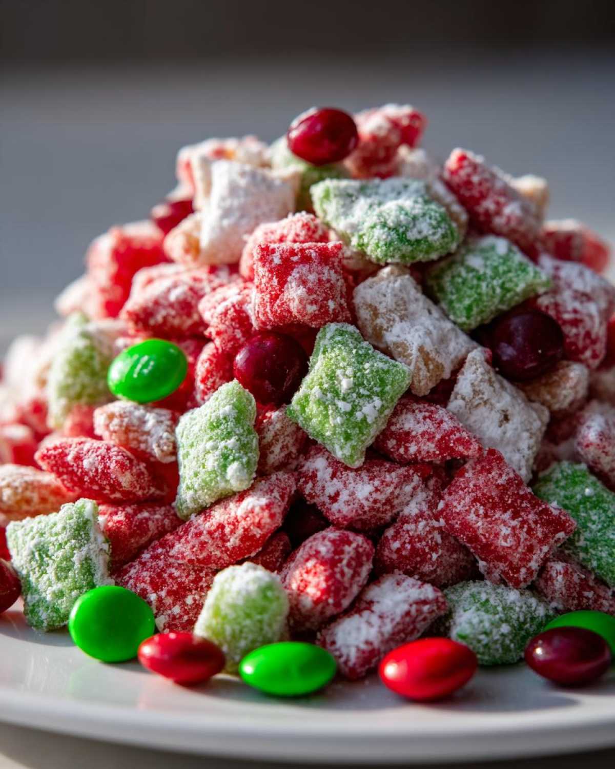 A close-up of a mound of red and green Christmas puppy chow coated in powdered sugar, mixed with candies.