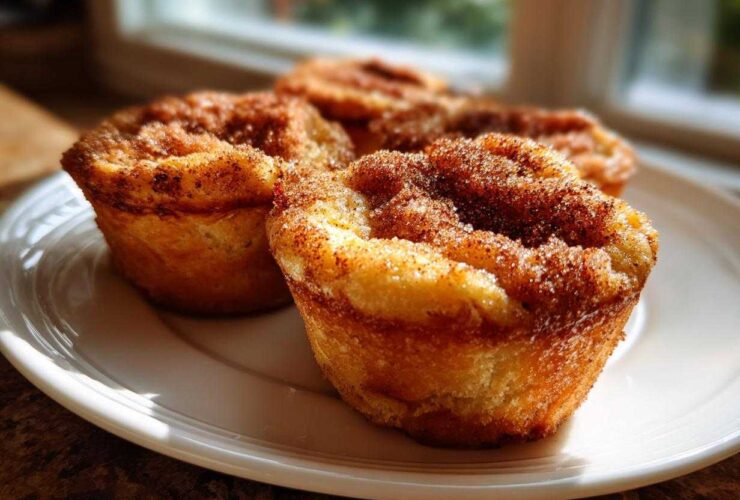 Three golden brown french toast muffins topped with a thick layer of cinnamon sugar on a white plate.