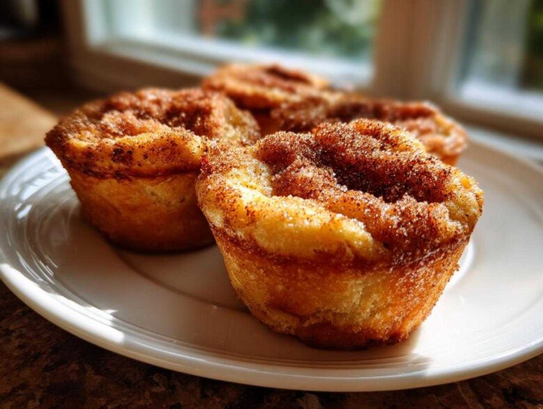 Three golden brown french toast muffins topped with a thick layer of cinnamon sugar on a white plate.
