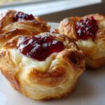 Close-up of three golden, flaky cranberry brie bites topped with melted brie and bright red cranberry jam.