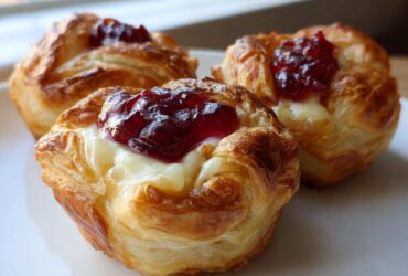Close-up of three golden, flaky cranberry brie bites topped with melted brie and bright red cranberry jam.