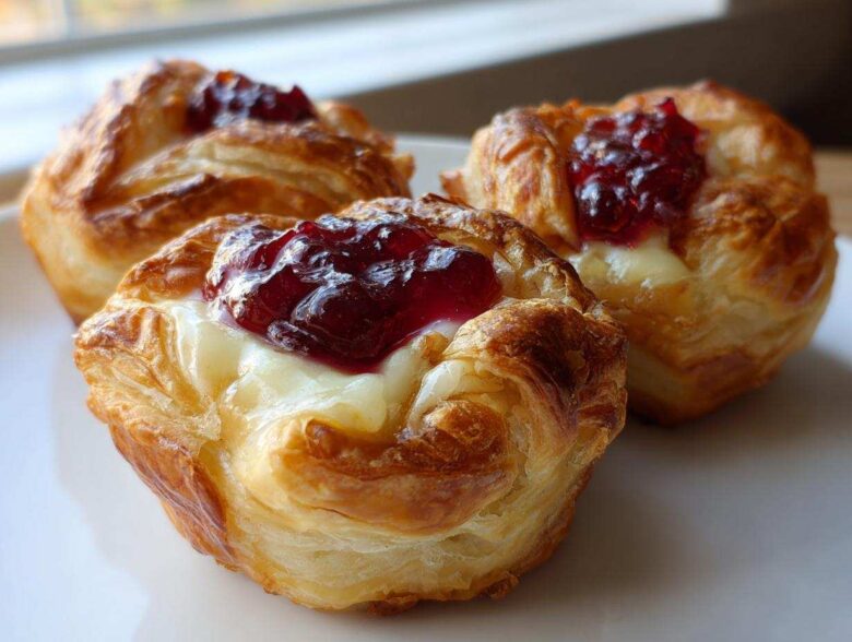 Close-up of three golden, flaky cranberry brie bites topped with melted brie and bright red cranberry jam.