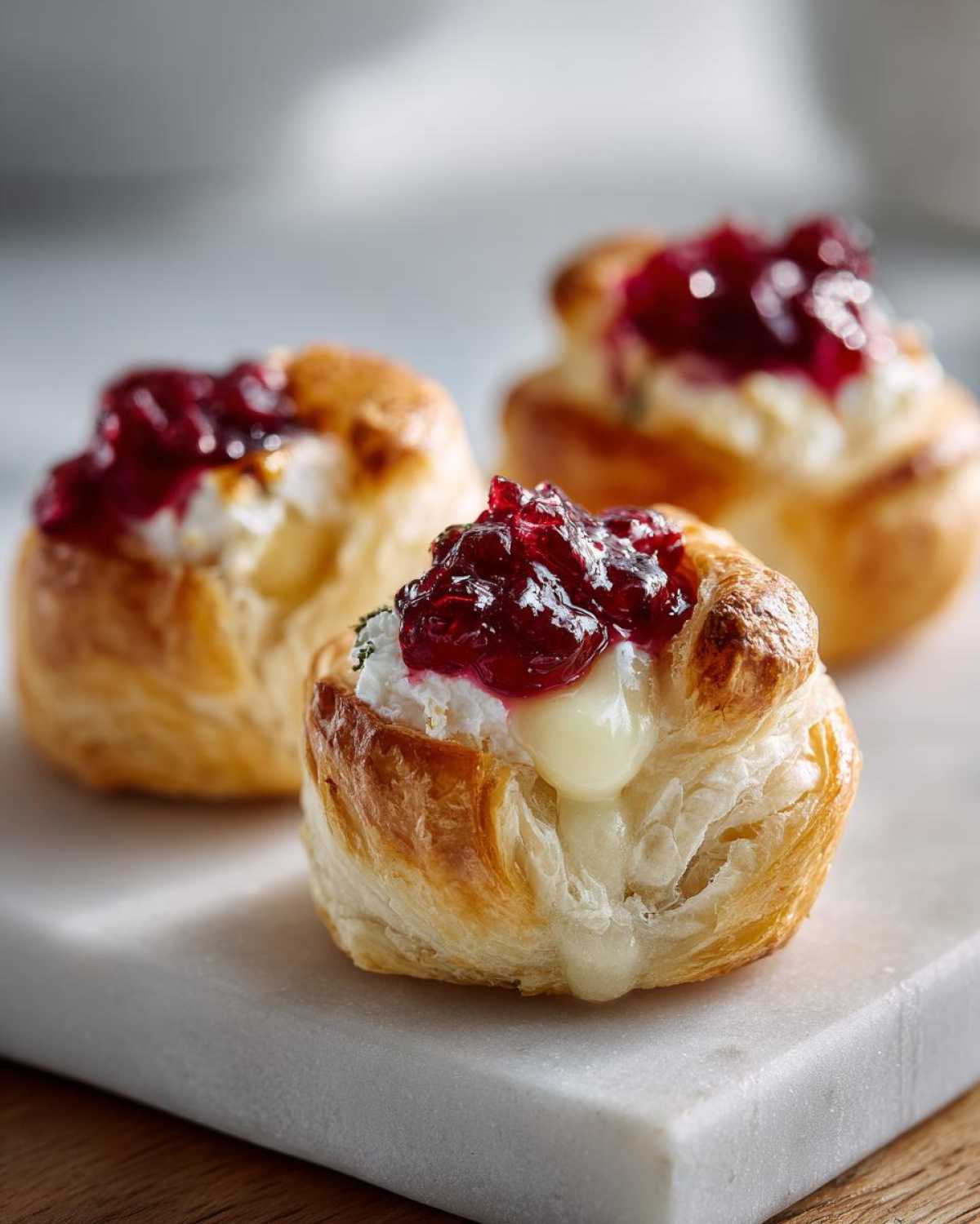 Close-up of warm cranberry brie bites showing melted brie oozing from flaky pastry cups topped with cranberry sauce.