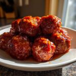 A close-up of several glistening cranberry meatballs piled on a small white plate, coated in a thick, sweet sauce.
