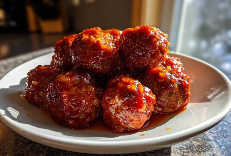 A close-up of several glistening cranberry meatballs piled on a small white plate, coated in a thick, sweet sauce.