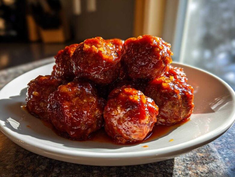 A close-up of several glistening cranberry meatballs piled on a small white plate, coated in a thick, sweet sauce.