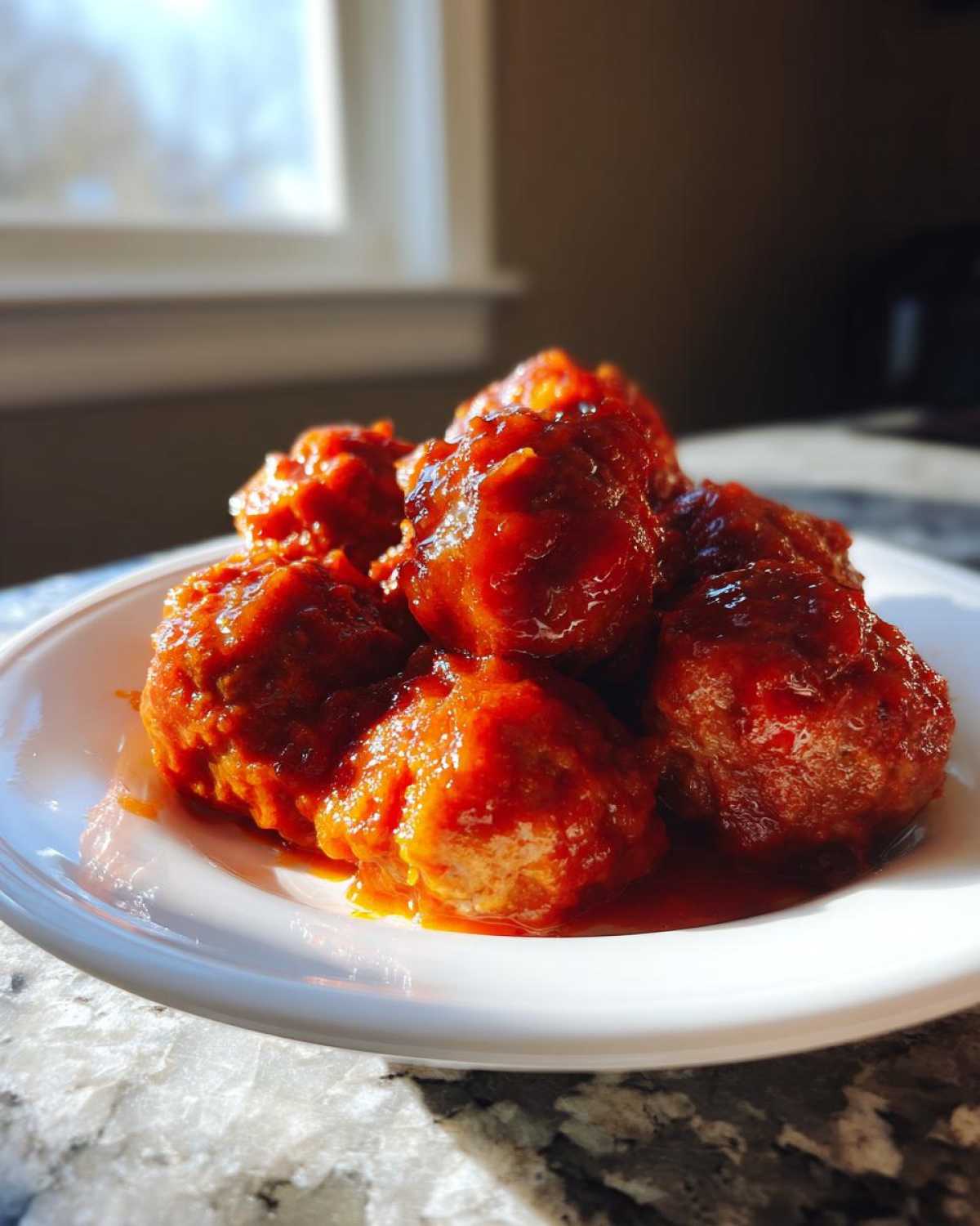 A close-up of several glossy cranberry meatballs coated in a rich red sauce, served on a white plate.