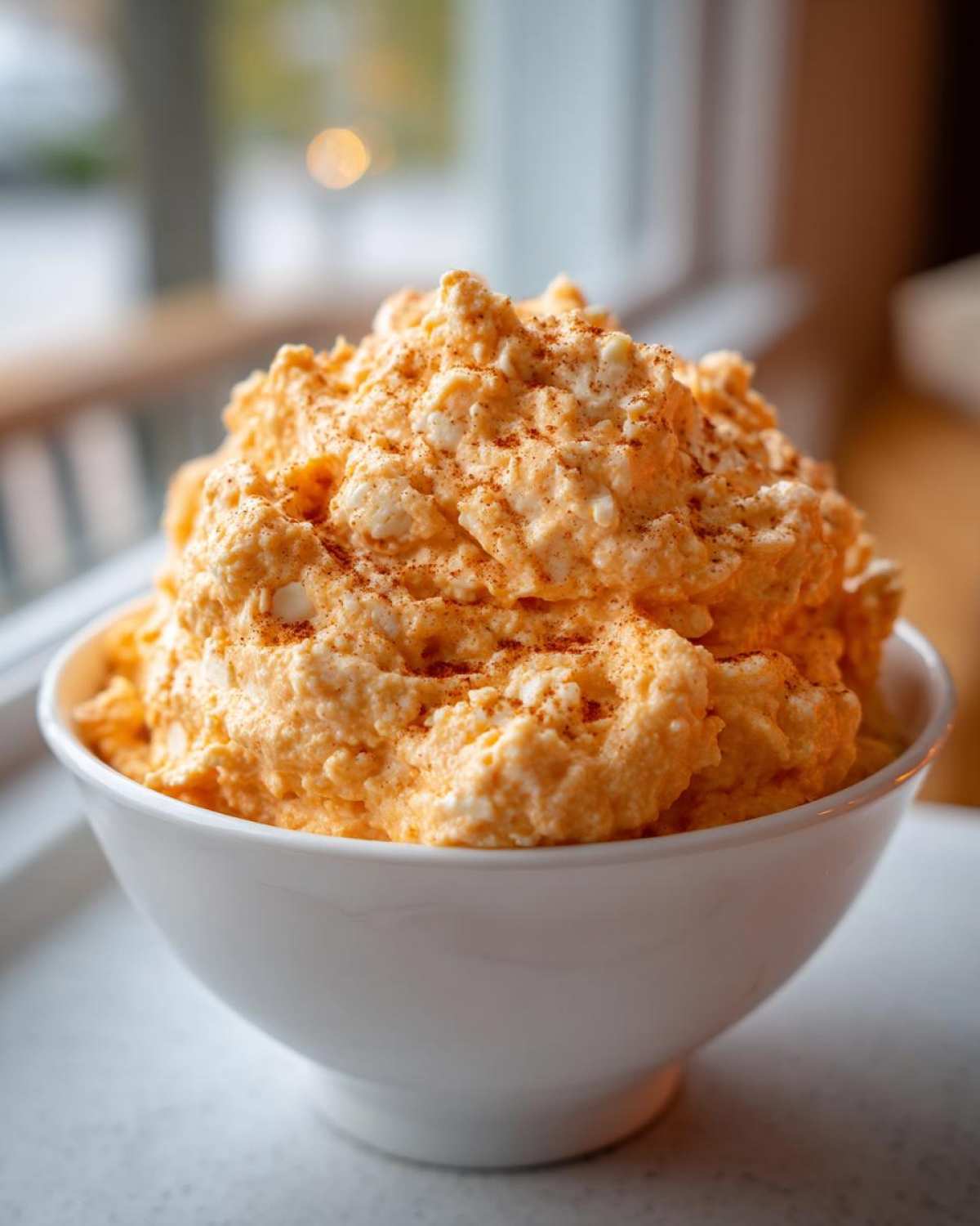 A white bowl filled high with orange, fluffy pumpkin fluff dessert, lightly dusted with cinnamon.