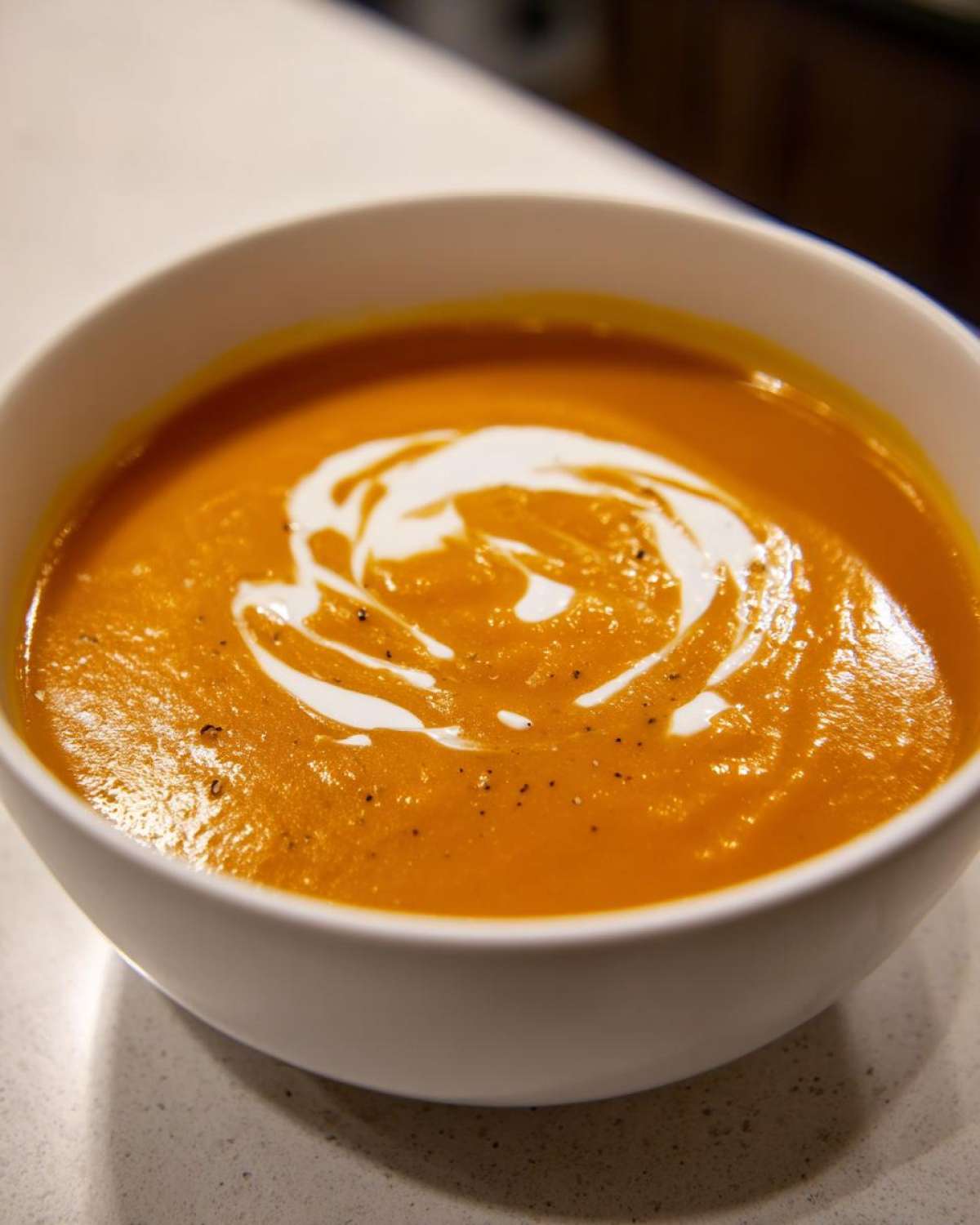 Close-up of rich orange butternut squash soup topped with a swirl of cream and cracked black pepper.