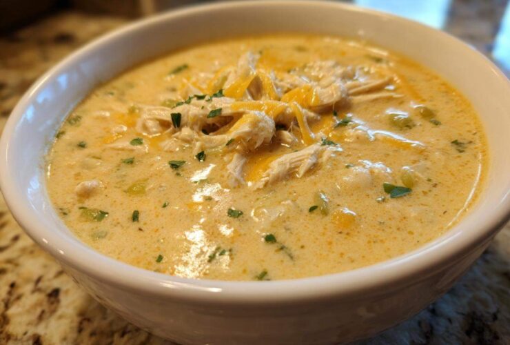 Close-up of a creamy chicken chili recipe served hot in a white bowl, topped with shredded cheese and parsley.