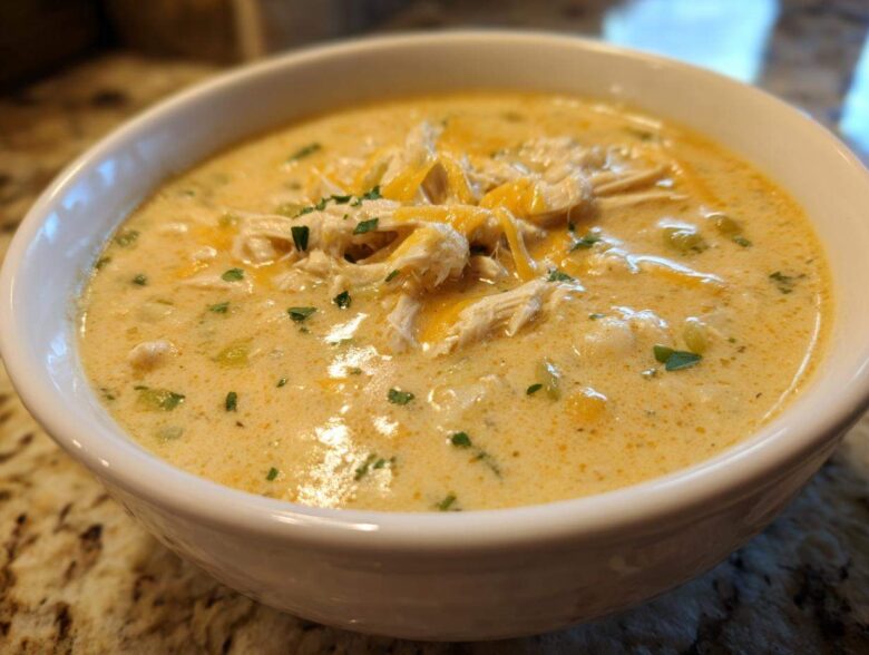 Close-up of a creamy chicken chili recipe served hot in a white bowl, topped with shredded cheese and parsley.