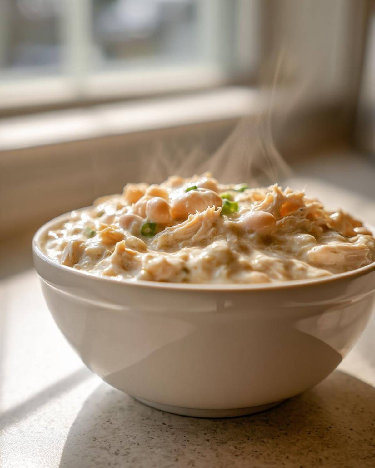 A white bowl filled with hot, creamy chicken chili, showing shredded chicken and white beans, with steam rising.