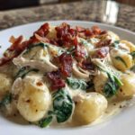 A close-up of creamy crack chicken gnocchi mixed with spinach and topped with crispy bacon pieces.