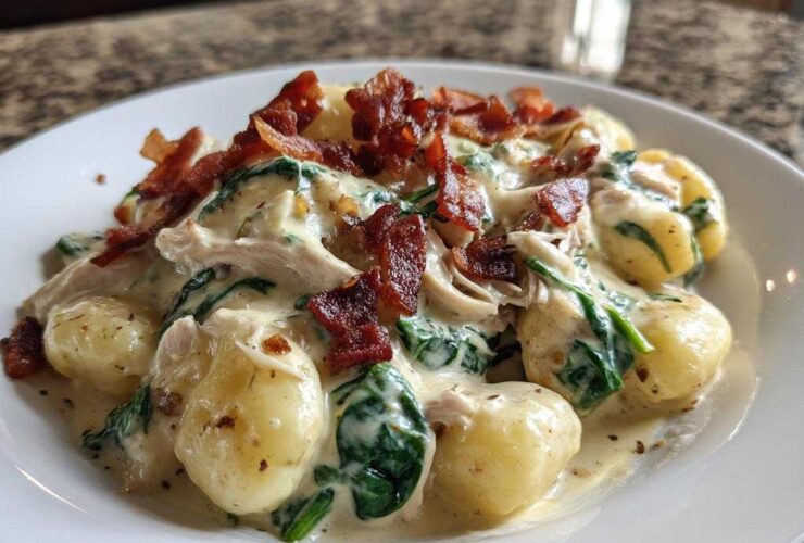 A close-up of creamy crack chicken gnocchi mixed with spinach and topped with crispy bacon pieces.