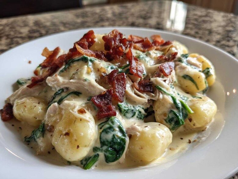 A close-up of creamy crack chicken gnocchi mixed with spinach and topped with crispy bacon pieces.