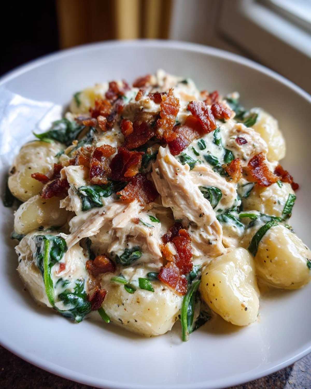 A close-up of creamy crack chicken gnocchi mixed with spinach and topped generously with crispy bacon pieces.