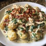 A close-up view of creamy crack chicken gnocchi topped with bacon bits and fresh parsley.