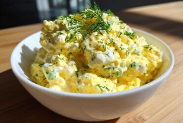 A white bowl filled high with creamy, yellow egg salad recipe, topped with fresh dill.