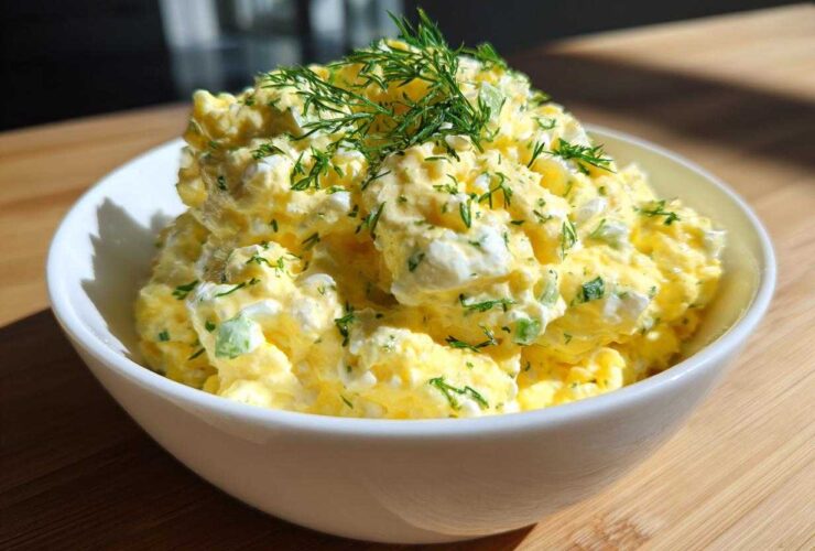 A white bowl filled high with creamy, yellow egg salad recipe, topped with fresh dill.