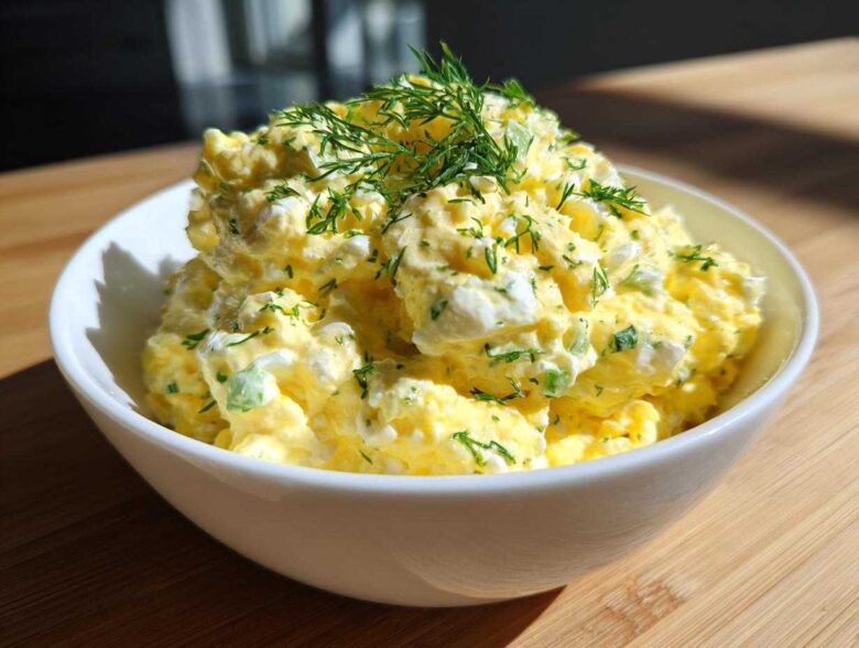 A white bowl filled high with creamy, yellow egg salad recipe, topped with fresh dill.