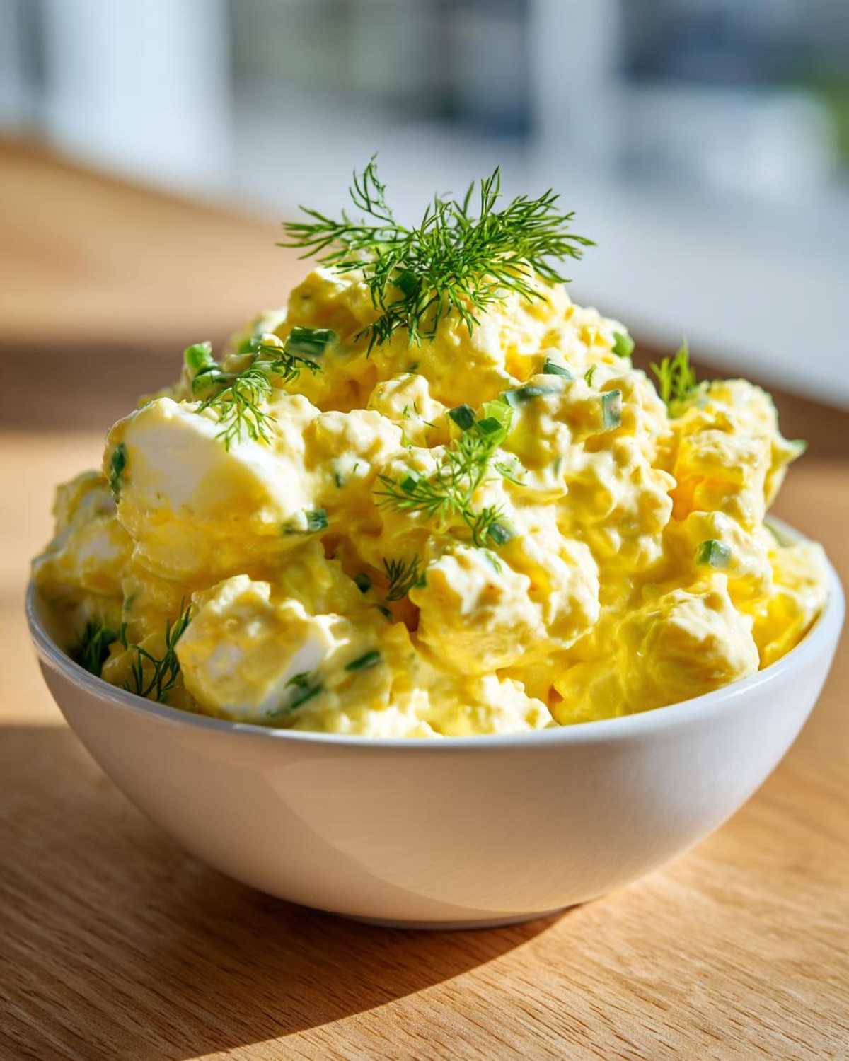 A close-up of creamy, yellow egg salad recipe garnished with fresh dill and chives in a white bowl.