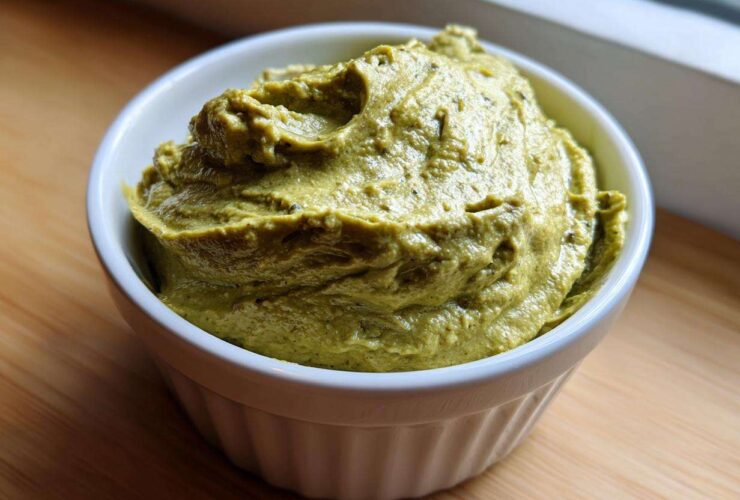 A close-up of thick, vibrant green olive dip served in a small white fluted ramekin on a wooden surface.