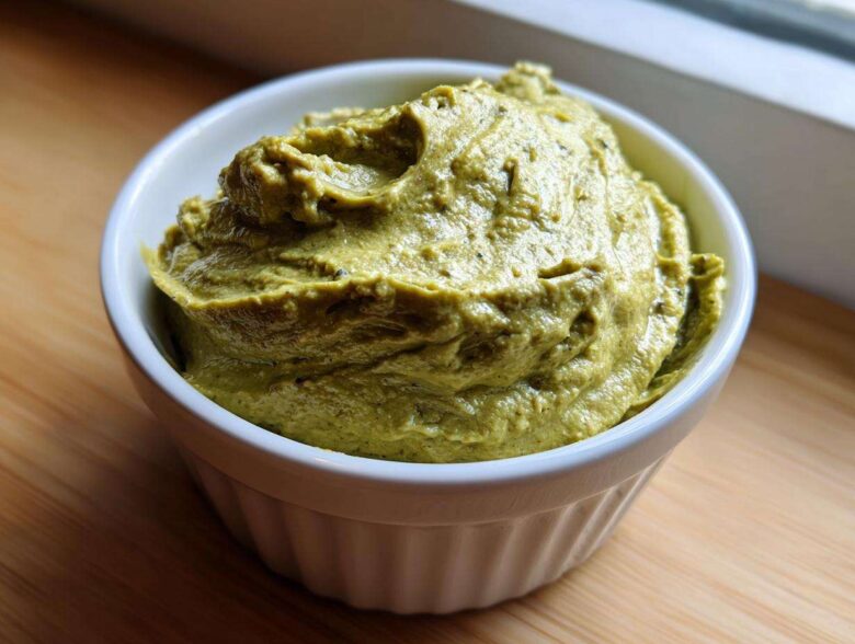 A close-up of thick, vibrant green olive dip served in a small white fluted ramekin on a wooden surface.