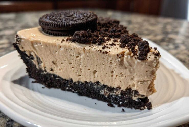 A generous slice of creamy peanut butter pie with a dark chocolate crust, topped with cookie crumbs and a whole Oreo.