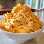 A generous serving of bright orange pumpkin fluff, sprinkled with cinnamon, mounded high in a white bowl.