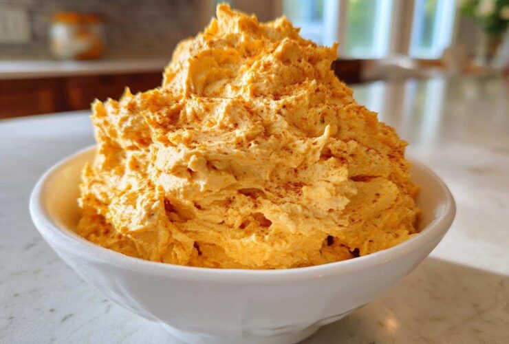A generous serving of bright orange pumpkin fluff, sprinkled with cinnamon, mounded high in a white bowl.