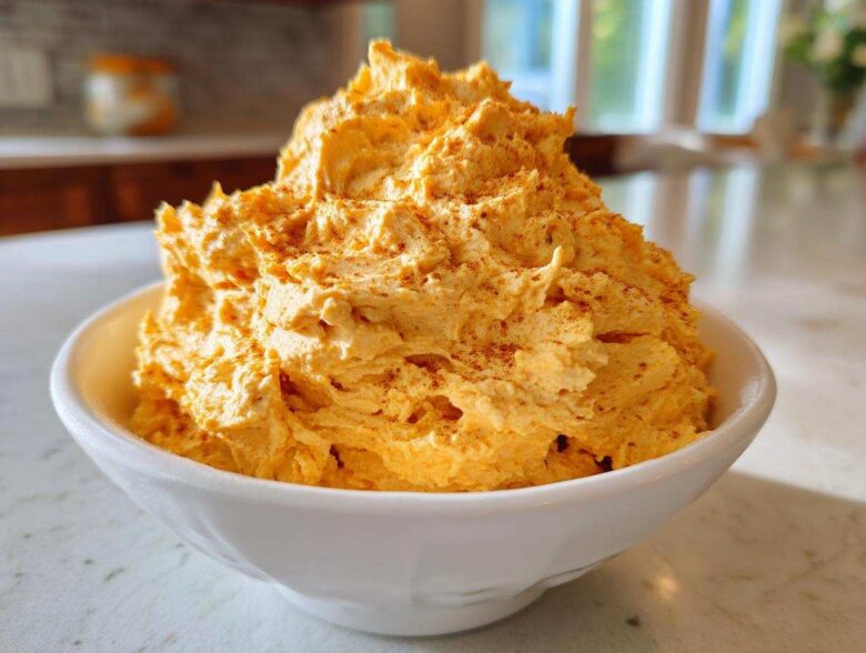 A generous serving of bright orange pumpkin fluff, sprinkled with cinnamon, mounded high in a white bowl.