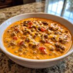 A close-up shot of a white bowl filled with hot, creamy rotel dip featuring ground beef, melted orange cheese, and diced tomatoes.