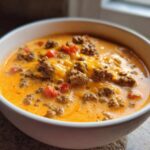 A white bowl filled with hot, creamy rotel dip featuring ground beef, melted cheese, and diced tomatoes.