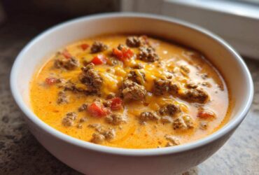 A white bowl filled with hot, creamy rotel dip featuring ground beef, melted cheese, and diced tomatoes.