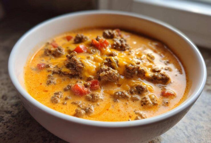 A white bowl filled with hot, creamy rotel dip featuring ground beef, melted cheese, and diced tomatoes.