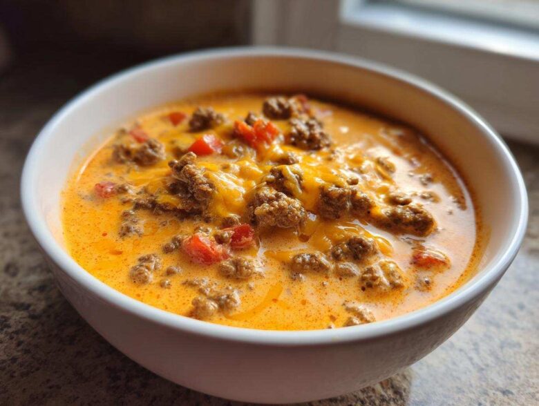A white bowl filled with hot, creamy rotel dip featuring ground beef, melted cheese, and diced tomatoes.