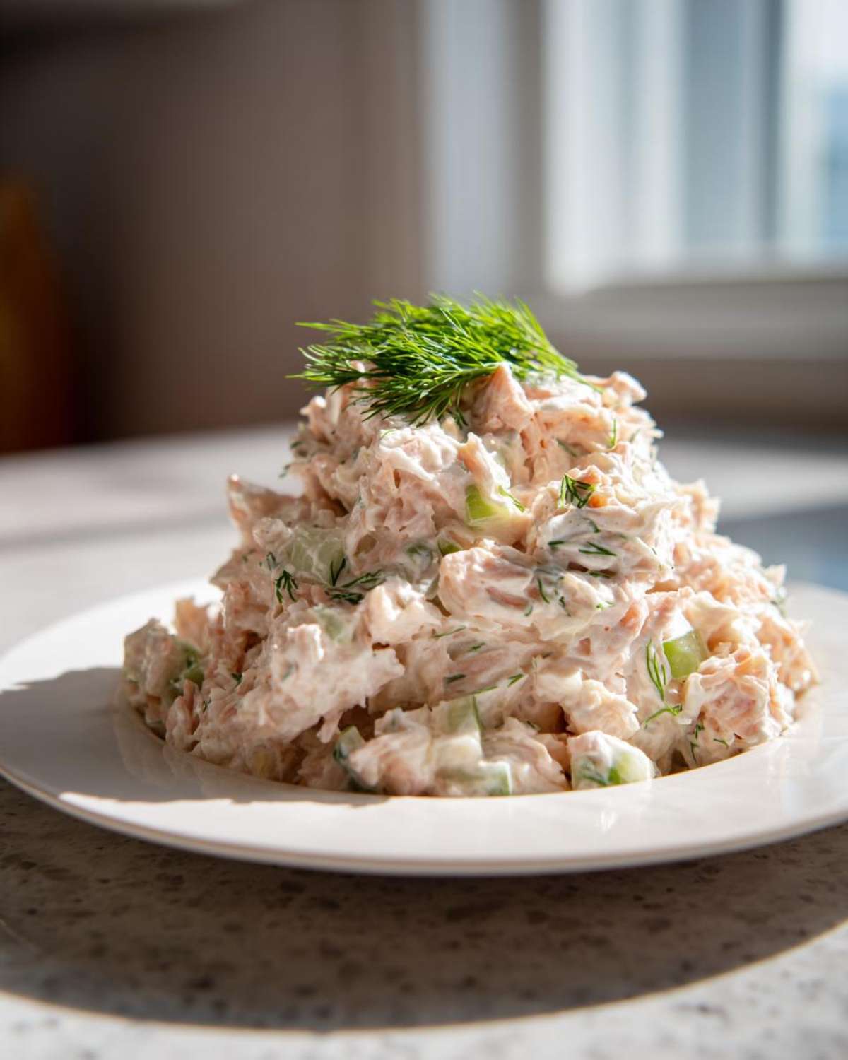 A mound of creamy salmon salad mixed with celery and topped with fresh dill, served on a white plate.
