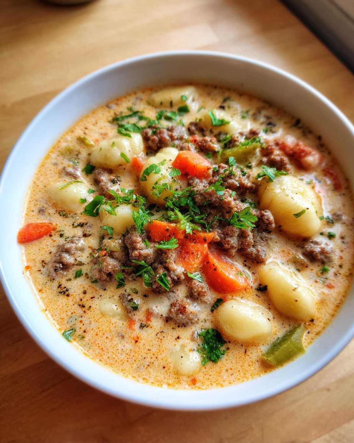 A close-up of a creamy bowl of sausage gnocchi soup, featuring plump gnocchi, ground sausage, carrots, and fresh parsley.
