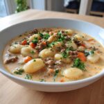A close-up of a white bowl filled with creamy sausage gnocchi soup, topped with ground sausage, carrots, and fresh parsley.