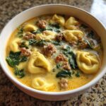 Close-up of a white bowl filled with creamy sausage tortellini soup, featuring tortellini, crumbled sausage, and wilted spinach.
