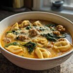 Close-up of a white bowl filled with creamy sausage tortellini soup, featuring pasta, crumbled sausage, and wilted spinach.