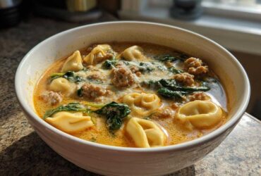 Close-up of a white bowl filled with creamy sausage tortellini soup, featuring pasta, crumbled sausage, and wilted spinach.