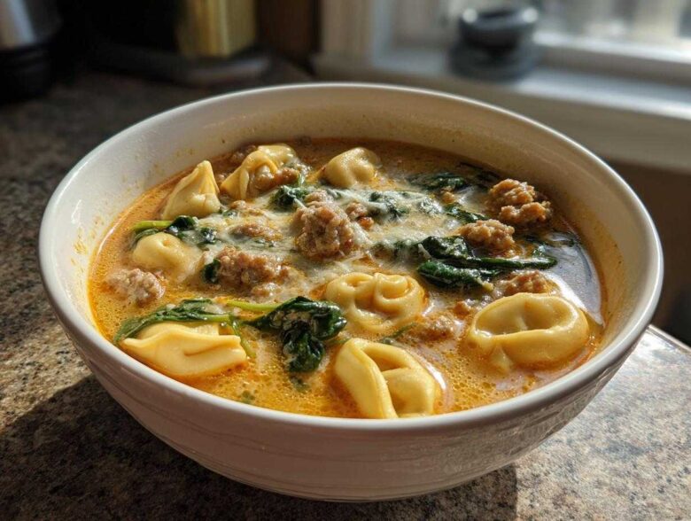 Close-up of a white bowl filled with creamy sausage tortellini soup, featuring pasta, crumbled sausage, and wilted spinach.