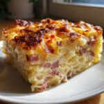A thick, creamy slice of scalloped potatoes and ham with a golden-brown, cheesy crust.