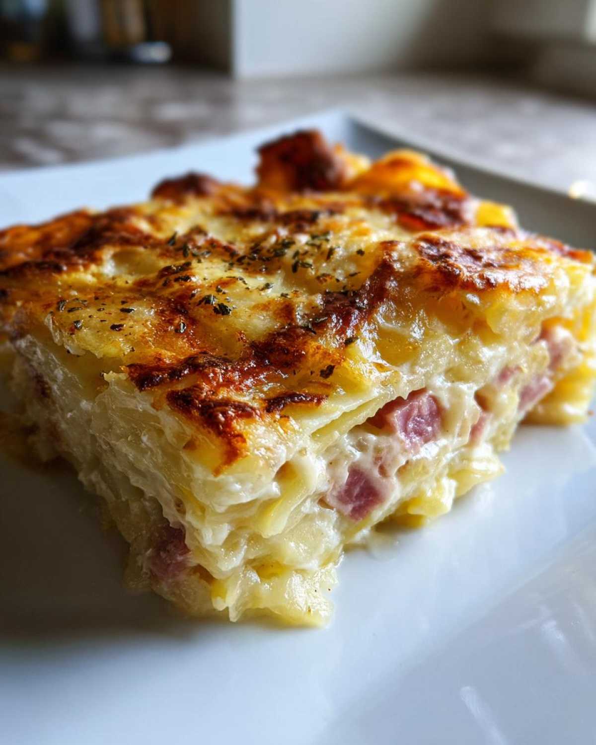 Close-up of a cheesy, creamy slice of scalloped potatoes and ham with a browned top.